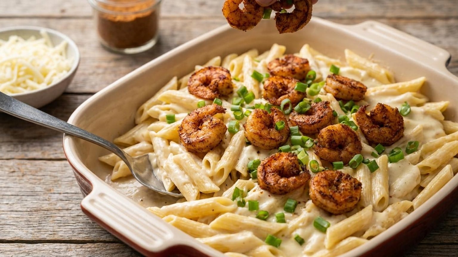Cajun Shrimp Alfredo Bake with Cream Cheese 7 Cajun Shrimp Alfredo Bake - close-up