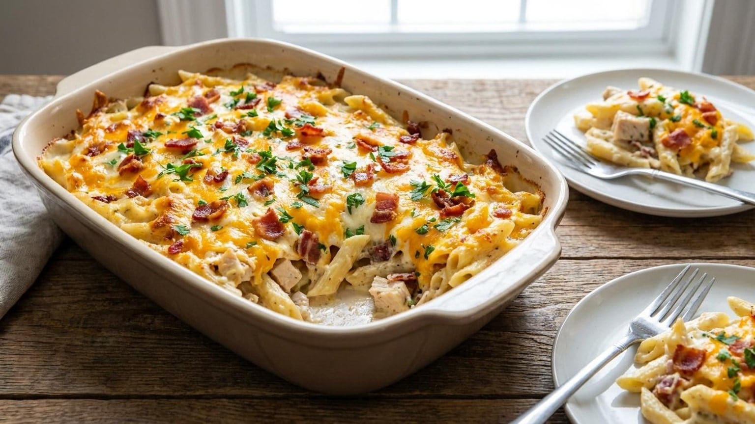 Cheesy Chicken Bacon Ranch Penne Alfredo Bake with Cream Cheese 6 Chicken Bacon Ranch Penne Alfredo Bake step