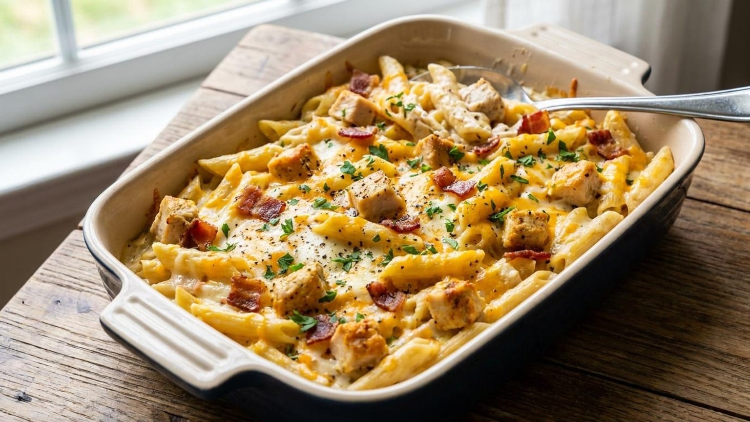 Cheesy Chicken Bacon Ranch Penne Alfredo Bake with Cream Cheese 8 Chicken Bacon Ranch Penne Alfredo Bake - serving