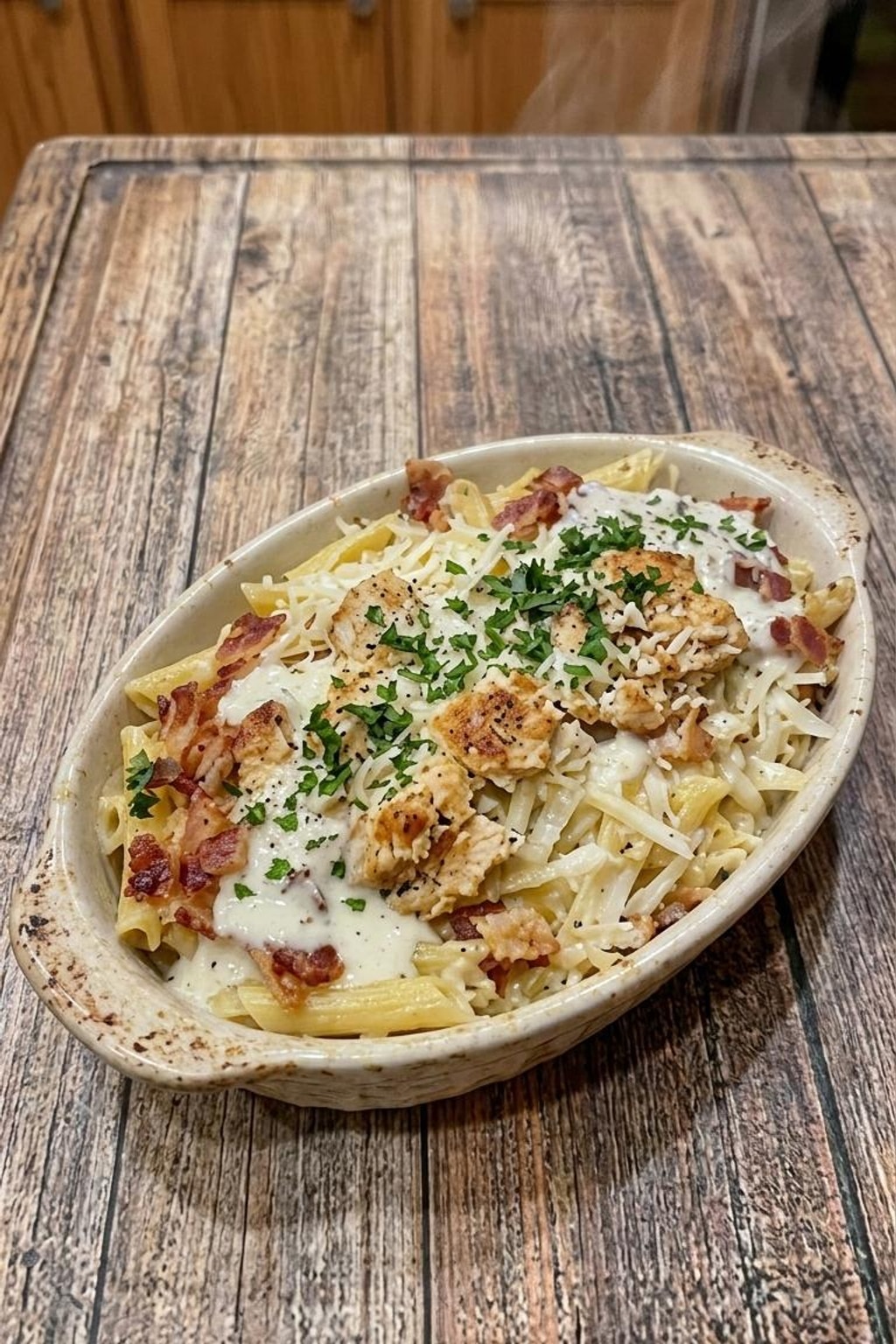 Chicken Alfredo Bake with Bacon and Mozzarella Cheese 7 Chicken Alfredo Bake - close-up