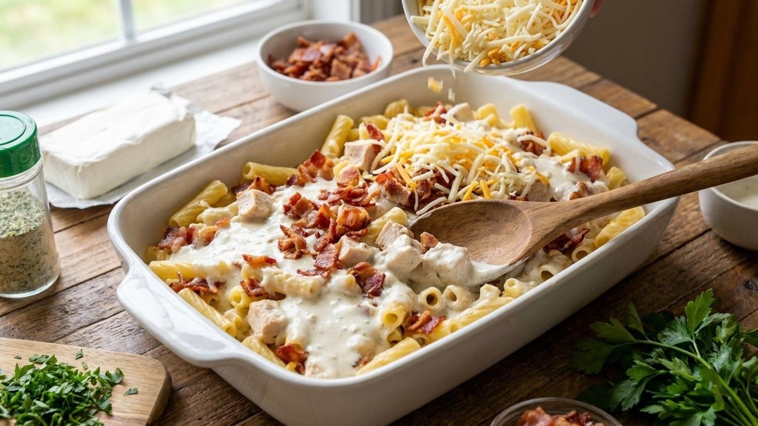 Chicken Bacon Ranch Cavatappi Bake with Cream Cheese 7 Chicken Bacon Ranch Cavatappi Bake - close-up
