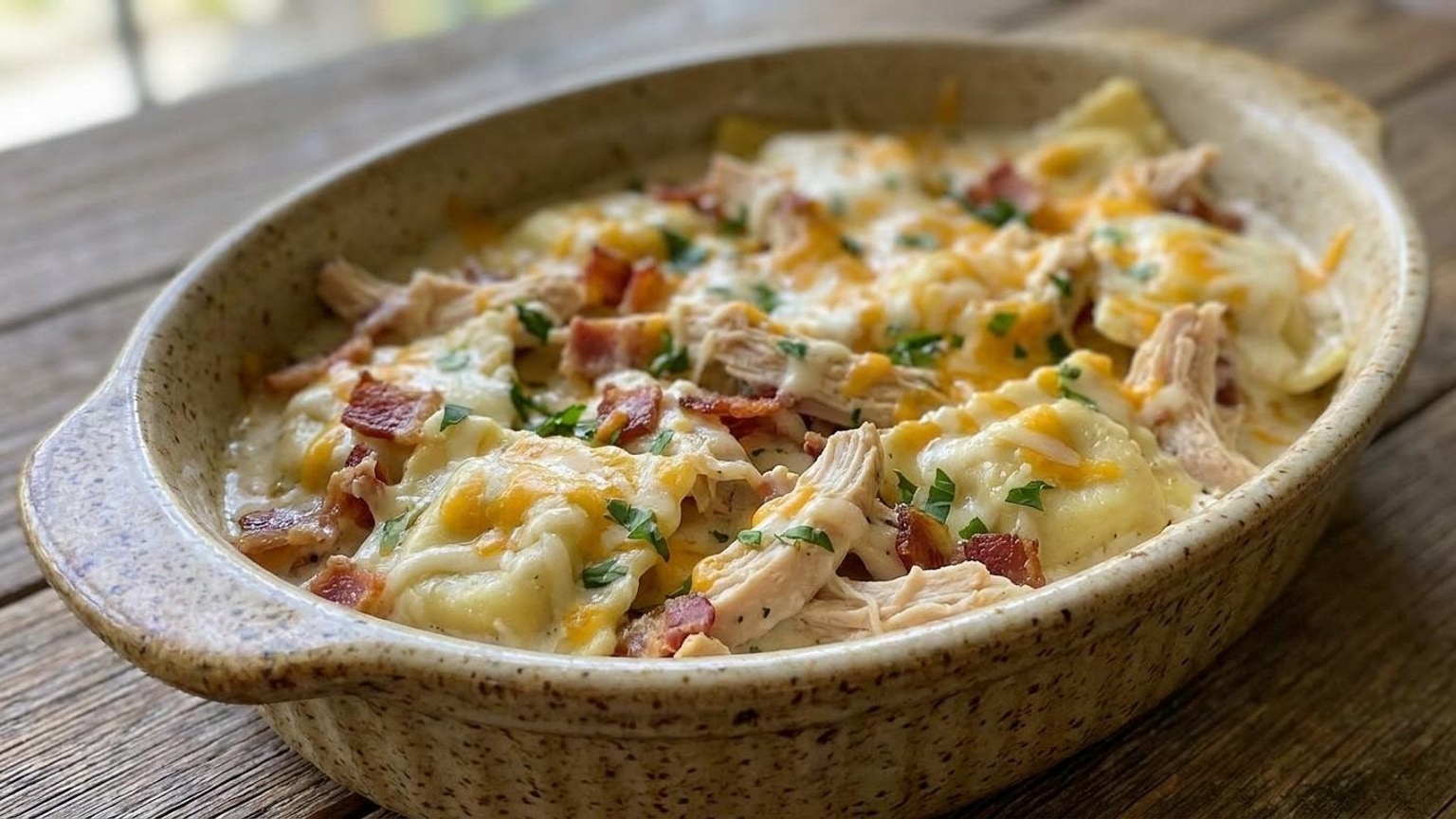 Chicken Bacon Ranch Ravioli Bake (Easy Cheesy Recipe) 7 Chicken Bacon Ranch Ravioli Bake - close-up