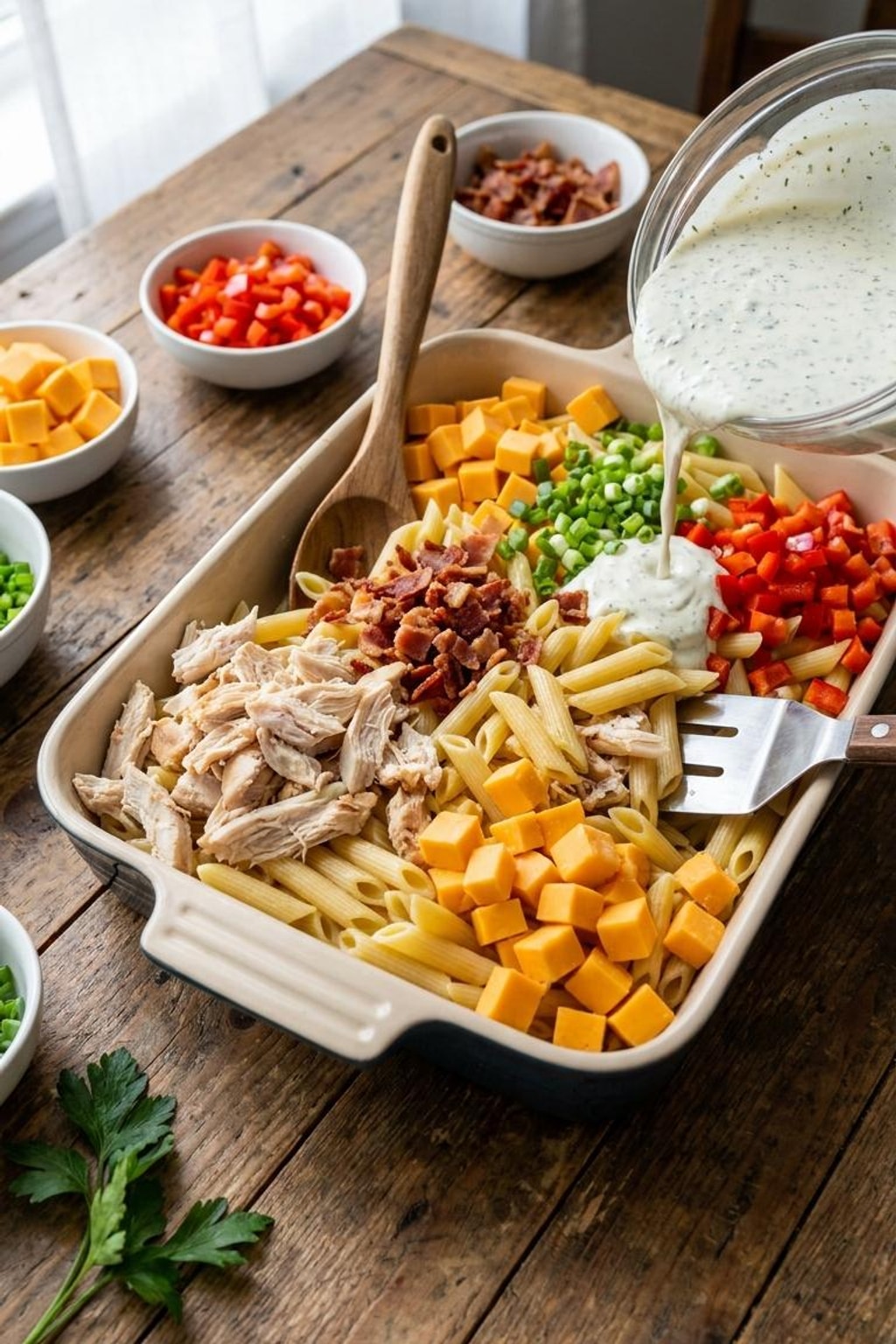 Creamy Chicken Bacon Ranch Pasta Salad - Easy Potluck Side 7 Creamy Chicken Bacon Ranch Pasta Salad - close-up