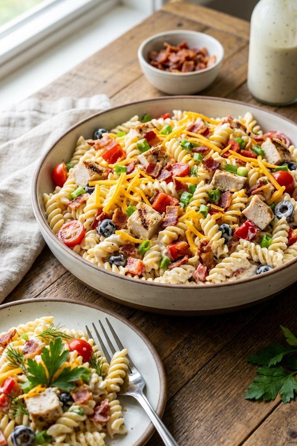 Creamy Chicken Bacon Ranch Pasta Salad - Easy Potluck Side 8 Creamy Chicken Bacon Ranch Pasta Salad - serving