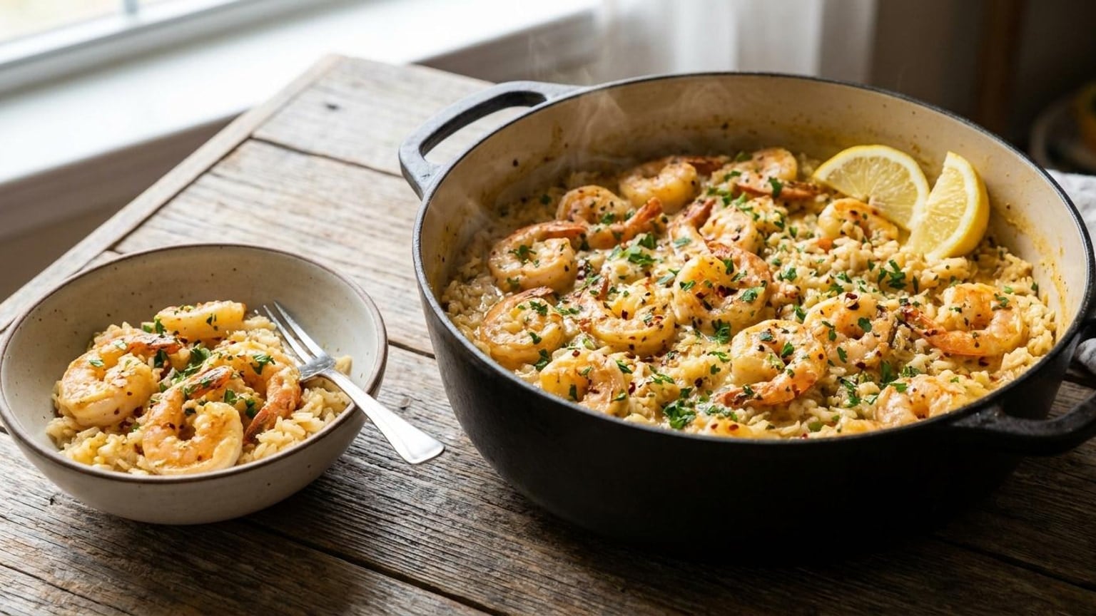 One Pot Creamy Garlic Butter Shrimp and Rice 8 garlic butter shrimp and rice - serving