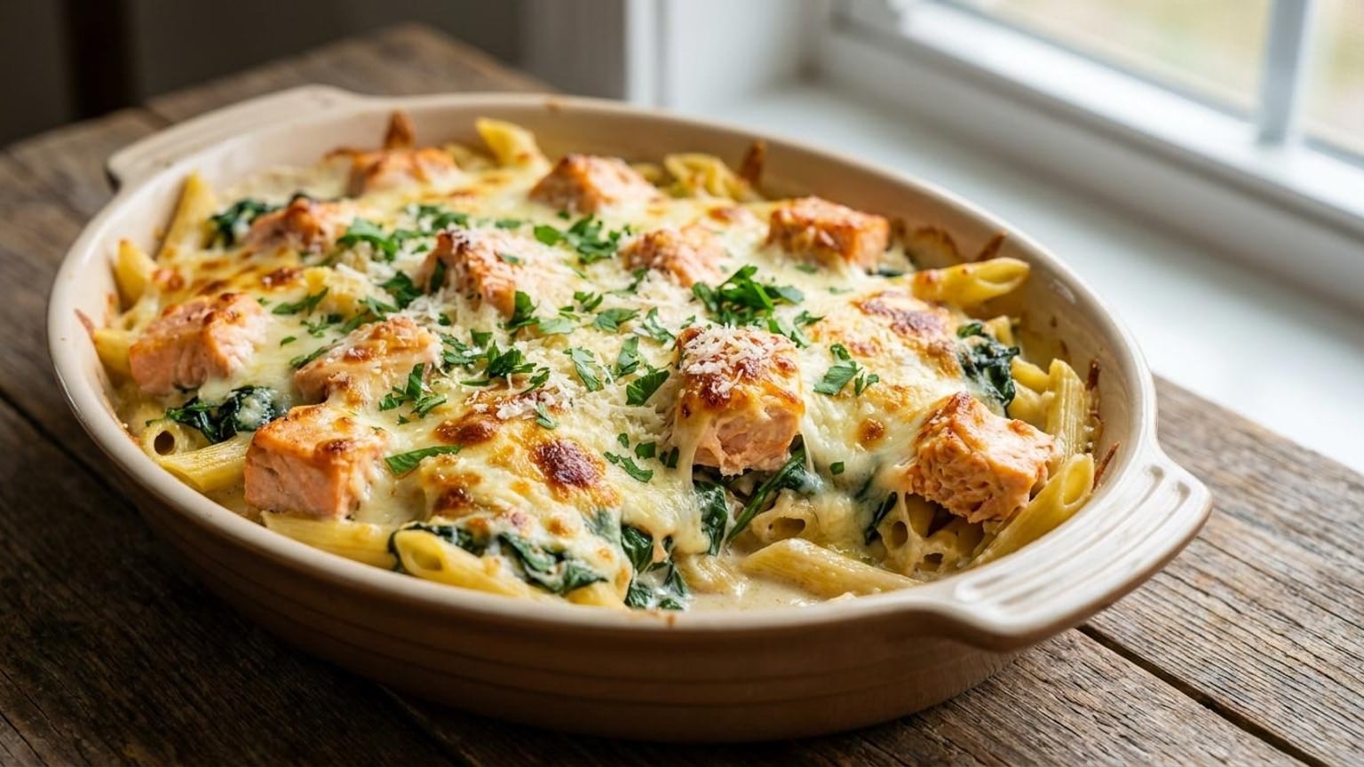 Baked Salmon Alfredo Penne with Spinach 6 Baked Salmon Alfredo Penne step