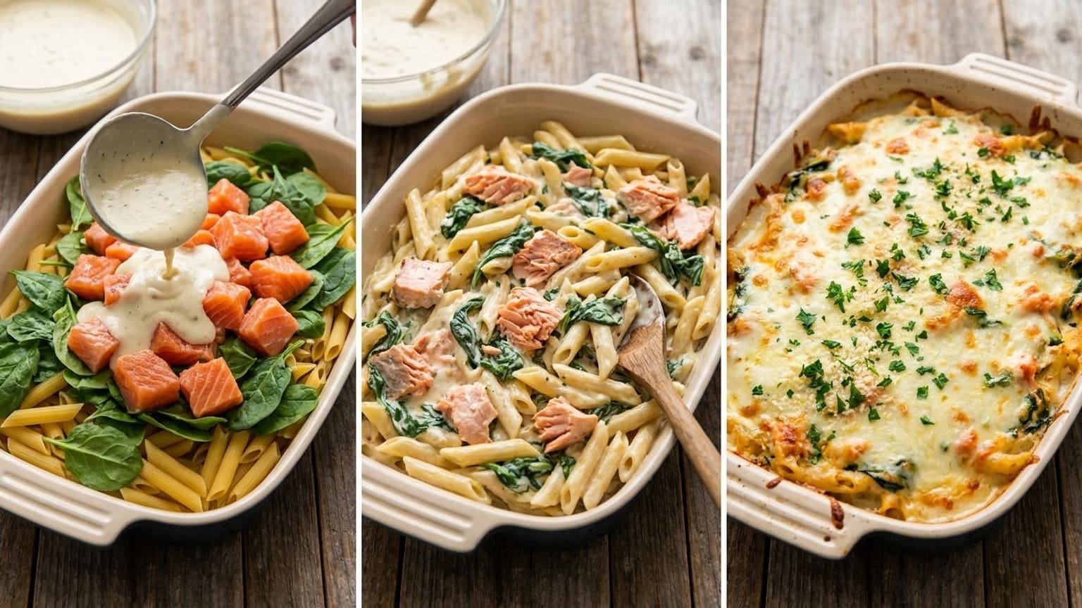 Baked Salmon Alfredo Penne with Spinach 7 Baked Salmon Alfredo Penne - close-up