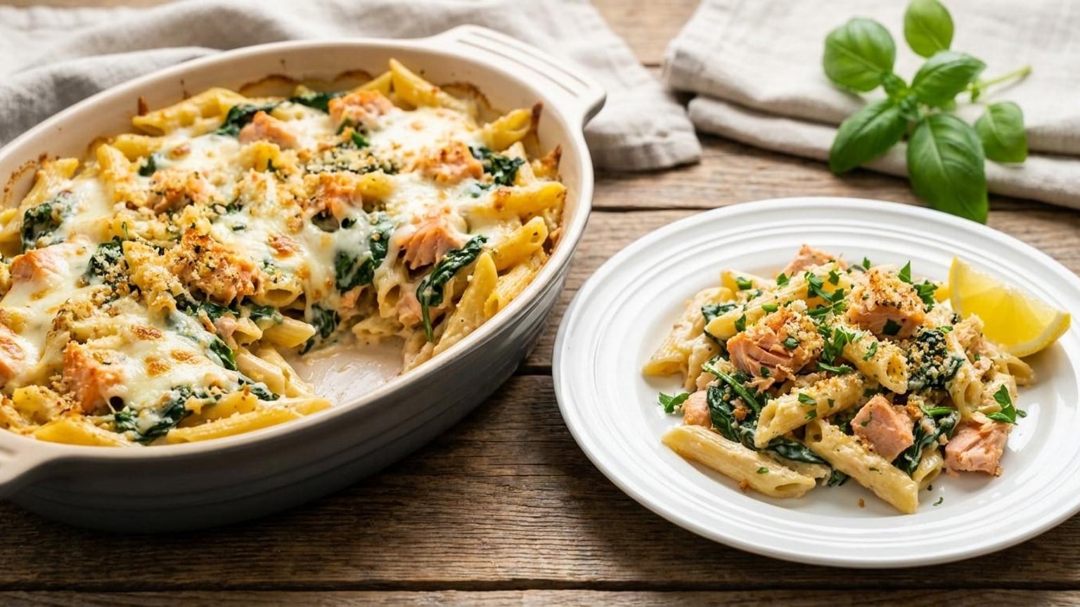 Baked Salmon Alfredo Penne with Spinach 8 Baked Salmon Alfredo Penne - serving