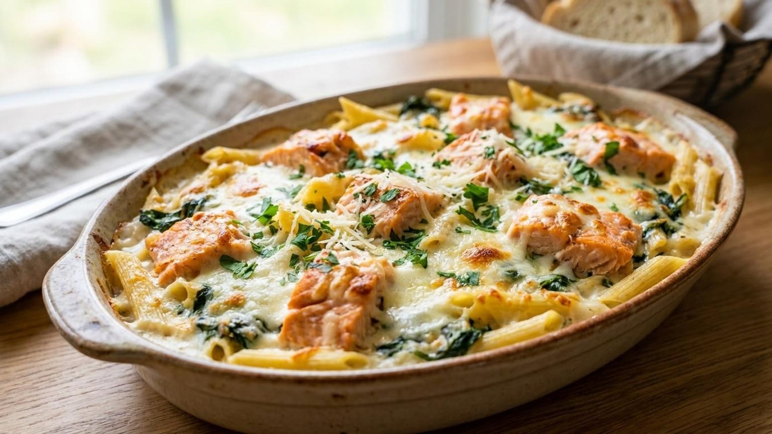 Baked Salmon Alfredo Penne with Spinach 9 Baked Salmon Alfredo Penne