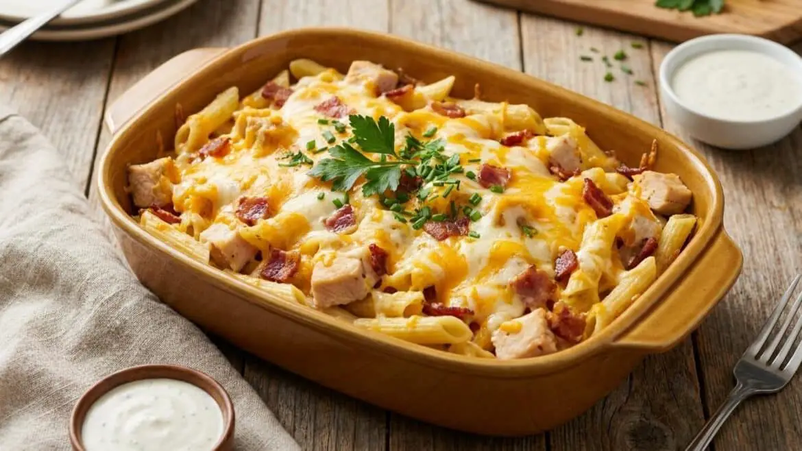 Chicken Bacon Ranch Penne Alfredo Bake