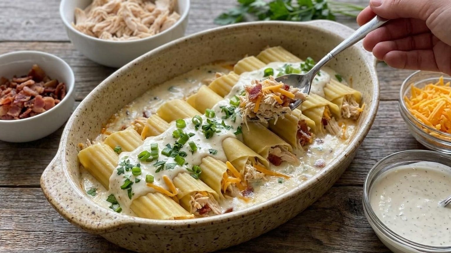 Chicken Bacon Ranch Manicotti Bake with Cream Cheese 7 chicken bacon ranch manicotti - close-up