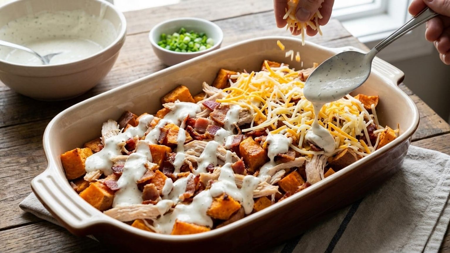 Loaded Cheesy Chicken Bacon Ranch Sweet Potato Casserole 7 Loaded Cheesy Chicken - close-up